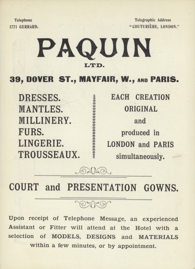 Advertentie voor Paquin, kleermakers door English School