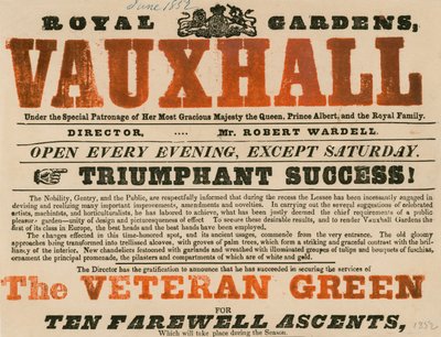 Advertentie voor Koninklijke Tuin, Vauxhall; Vauxhall Gardens, Londen door English School
