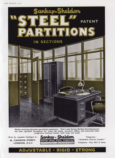 Advertentie voor Sankey-Sheldon stalen scheidingswanden, 1937 door English School