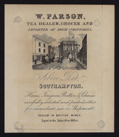 Advertentie voor W Parson, theedealer, kruidenier en importeur van Ierse producten, Southampton, Hampshire door English School