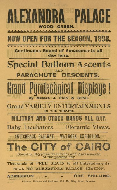 Advertentie voor het seizoen 1898 in Alexandra Palace door English School
