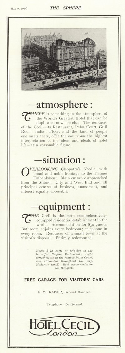 Advertentie voor het Hotel Cecil, Londen door English School