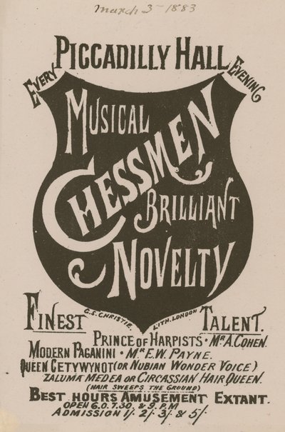 Advertentie voor de Muzikale Schaakstukken Briljante Nieuwigheid door English School
