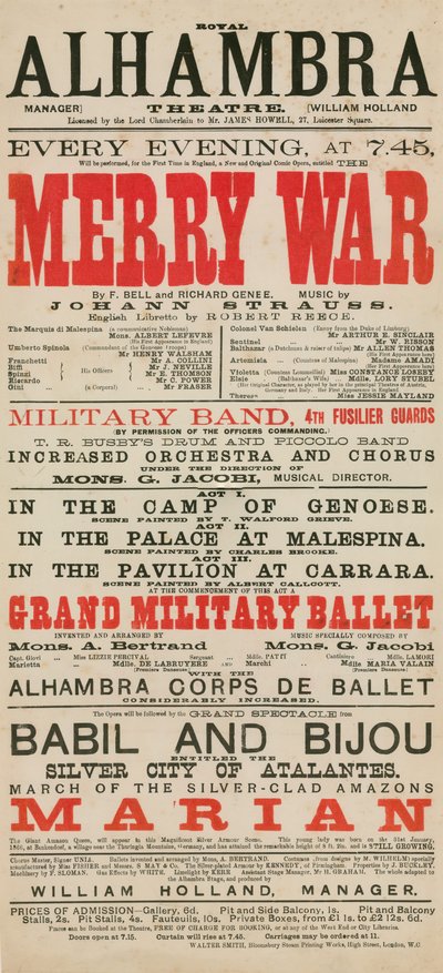 Advertentie voor het Royal Alhambra Theatre, met Merry War door F Bell en Richard Genee met muziek van Johann Strauss door English School