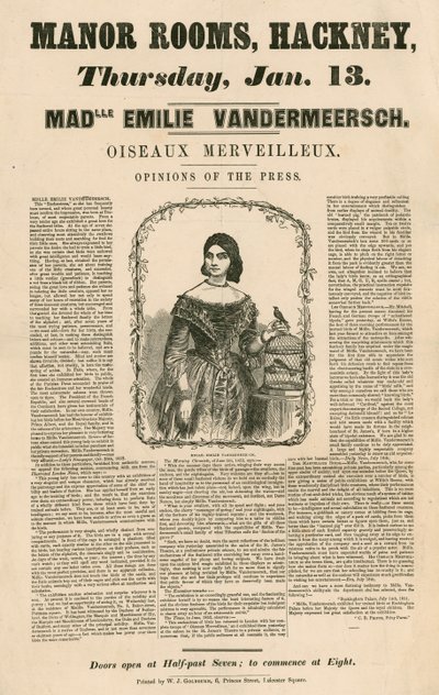 Advertentie voor het optreden van Mademoiselle Emilie Vandermeersch, Oiseaux Merveilleaux in de Manor Rooms, Hackney, Londen door English School