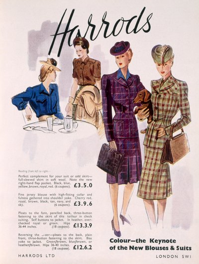 Advertentie voor damesblouses en -pakken bij Harrods, 1945 door English School