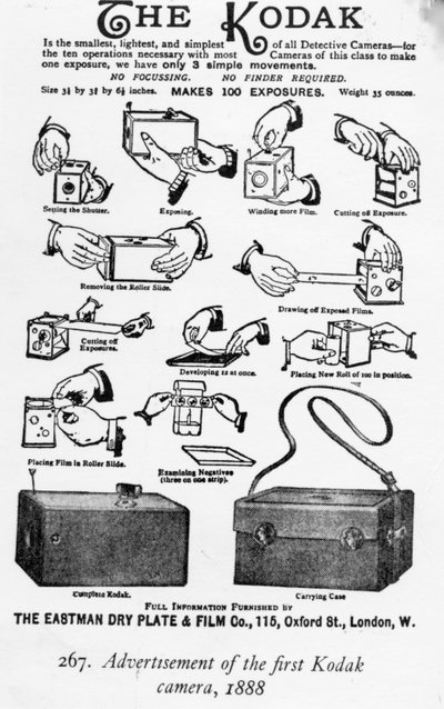 Advertentie van de eerste Kodak-camera, 1888 door English School
