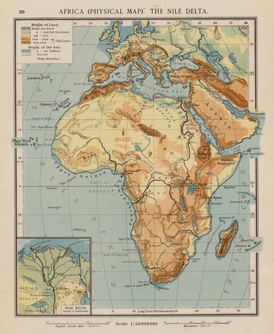 Afrika, fysische kaart, de Nijldelta door English School