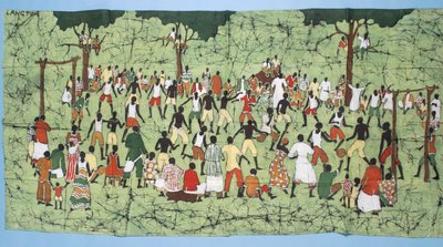 Afrikaanse batik, die een voetbalwedstrijd illustreert met toeschouwers die kijken door English School