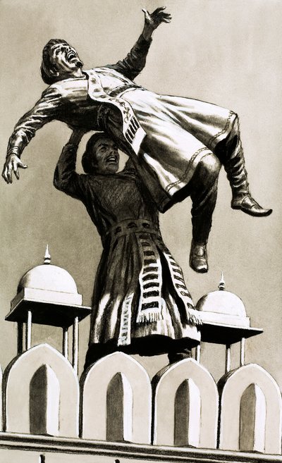 Akbar, koning van Hindustan, gooide de moordenaar Adham Khan van de top van het paleis door English School
