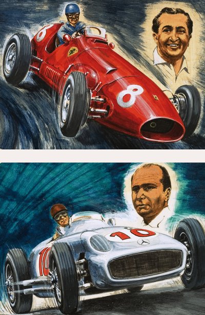 Alberto Ascari rijdt in een Maserati (boven) en Juan Manuel Fangio rijdt in een Mercedes-Benz (onder) door English School