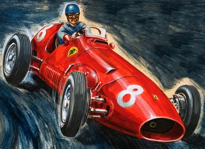 Alberto Ascari rijdt in een Maserati door English School