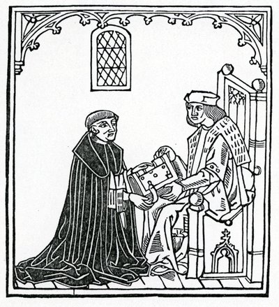 Alexander Barclay presenteert zijn boek aan zijn beschermheer Thomas Cornish, frontispice van de Engelse vertaling van 