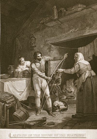 Alfred in het huis van de veehouder, illustratie uit David Humes The History of England, uitgegeven door R. Bowyer, Londen, 1812 door English School