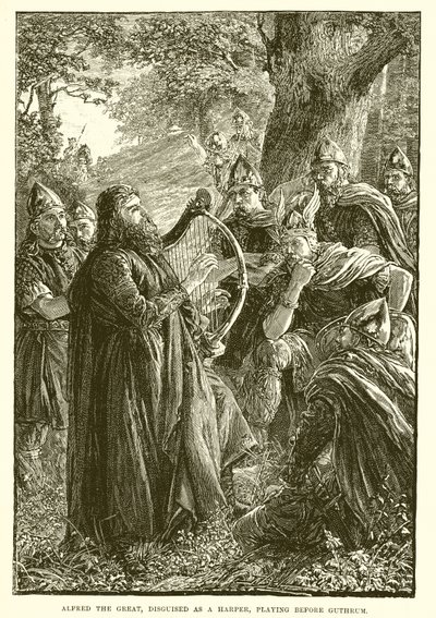 Alfred de Grote, vermomd als harpspeler, speelt voor Guthrum door English School