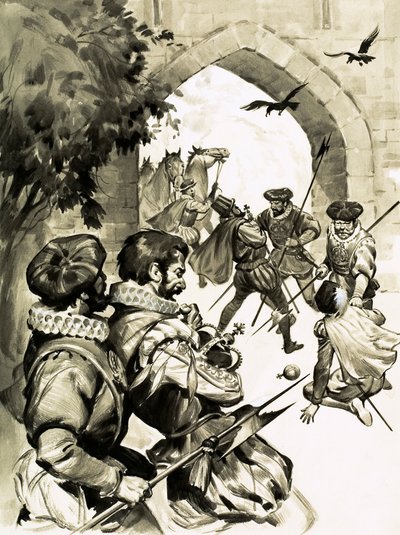 Alle uitgebreide plannen van Kapitein Blood om de kroon van Engeland te stelen kwamen op niets uit (gouache op papier) door English School