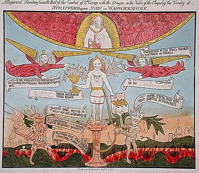 Allegorisch schilderij onder dat van St. George met de draak in het schip van de kapel van de Drie-eenheid, uit 