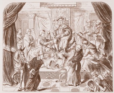 Allegorisch schilderij van Hendrik VIII die op paus Clemens trapt, van een oude prent in het British Museum door English School