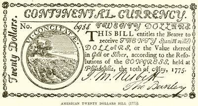 Amerikaanse twintig dollarbiljet (1775) door English School