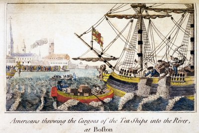 Amerikanen gooien de ladingen van de theeschepen in de rivier, in Boston, uit Geschiedenis van Noord-Amerika, uitgegeven in Londen door English School