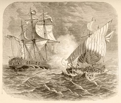 Een Amerikaans marineschip vangt een Algerijns piratenschip voor de kust van Barbarije tijdens de Eerste Barbarijse Oorlog door English School