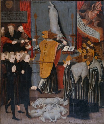 Een Anti-Katholieke Allegorie met Portretten van Stephen Gardiner, de Bisschop van Winchester en Bisschoppen Bonner en Tunstall als Wolven, en met de Lichamen van Hooper, Cranmer, Goodrich, Ridley Latimer en Rogers als Lammeren, c.1555 door English School