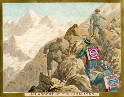 Een beklimming van de Himalaya, promotiekaart voor Huntley & Palmers Biscuits, ca. 1890 door English School