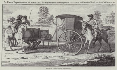 Een exacte weergave van Maclaine de struikrover die Lord Eglington berooft op Hounslow Heath op 26 juni 1750 (gravure) door English School