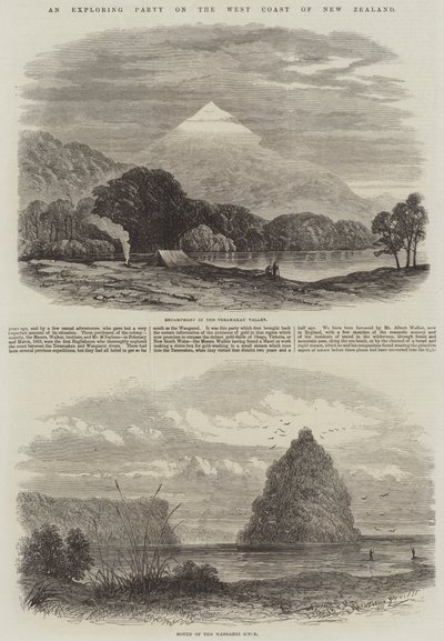 Een Verkenningstocht aan de Westkust van Nieuw-Zeeland (gravure) door English School