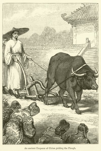 Een oude keizer van China die de ploeg leidt (gravure) door English School