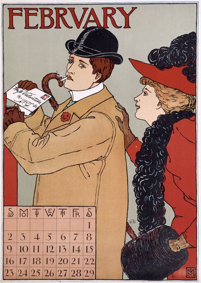 Een elegant paar (man post een brief), Engelse kalenderafbeelding, maand februari, n.d. eind 19e eeuw. door English School