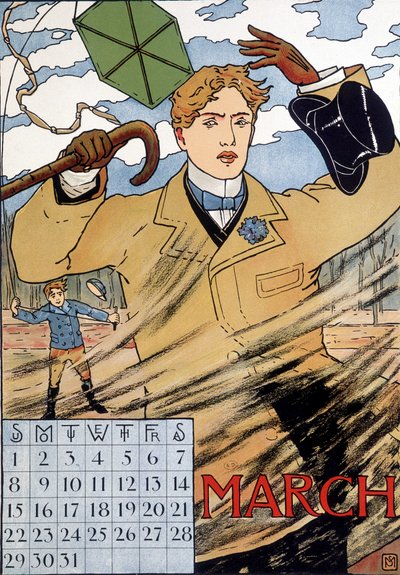Een elegante man worstelt met de wind - Engelse kalenderafbeelding, maart, eind 19e eeuw door English School