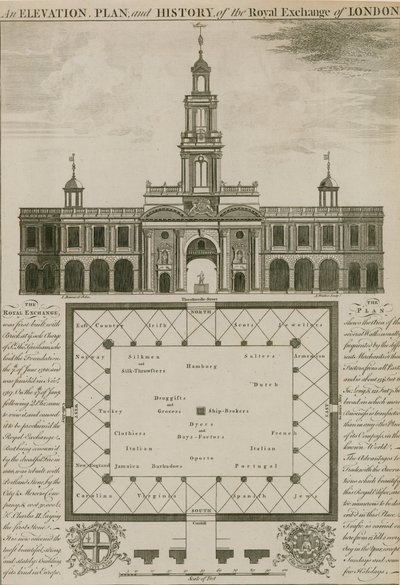 Een elevatie, plattegrond en geschiedenis van de Royal Exchange, Londen door English School