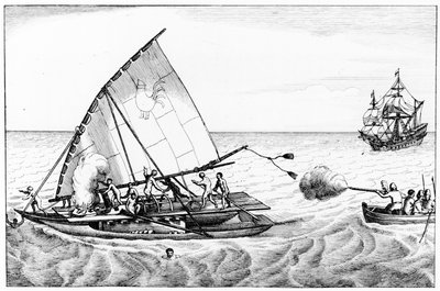 Een incident tijdens de wereldomzeiling van Le Maire en Schouten in 1615-16, uit Volume II van Chronological History of the Voyages and Discoveries in the South Sea door English School