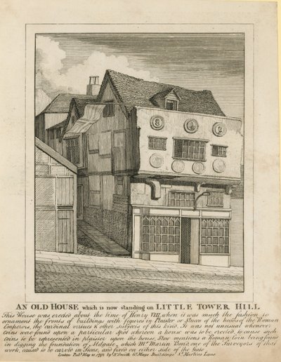 Een oud huis dat nu staat op Little Tower Hill, Londen door English School