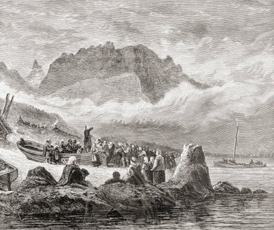 Een openluchtdienst op het eiland Skye, Binnen-Hebriden, uit 