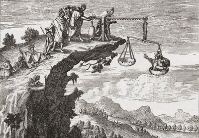 Een ongebruikelijke methode om bekentenissen af te dwingen van criminelen, naar een 16e-eeuwse tekening van Theodorus de Bry. De scène toont de crimineel zittend in de weegschaal van onrechtvaardigheid terwijl een priester over de afgrond leunt klaar om zi door English School