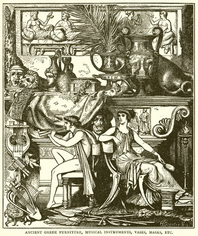 Oud-Griekse meubels, muziekinstrumenten, vazen, maskers, enz. (gravure) door English School