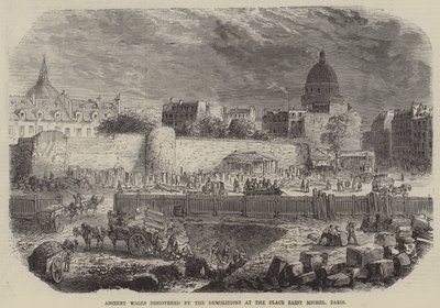 Oude muren ontdekt bij de sloop van de Place Saint Michel, Parijs (gravure) door English School