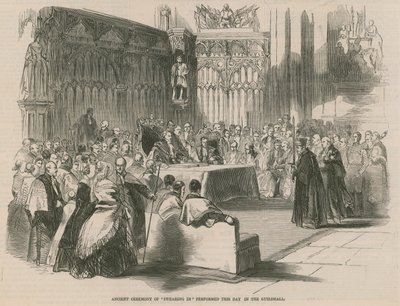Oude ceremonie van de eedaflegging uitgevoerd in de Guildhall door English School