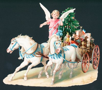 Engel te paard bezorgt cadeaus, kerstkaart door English School