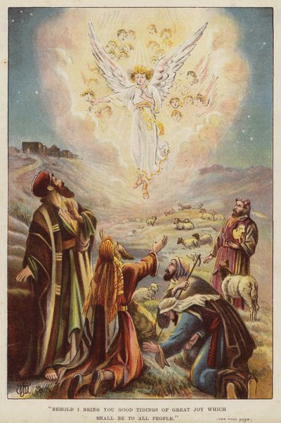 Engel vertelt de herders over de geboorte van Jezus Christus door English School