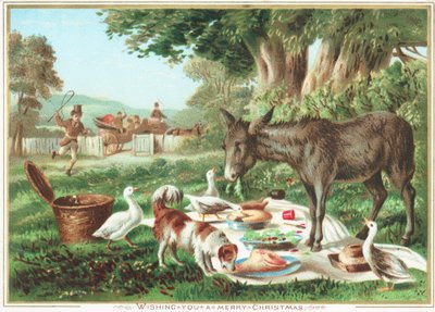 Dieren eten de picknick, kerstkaart door English School