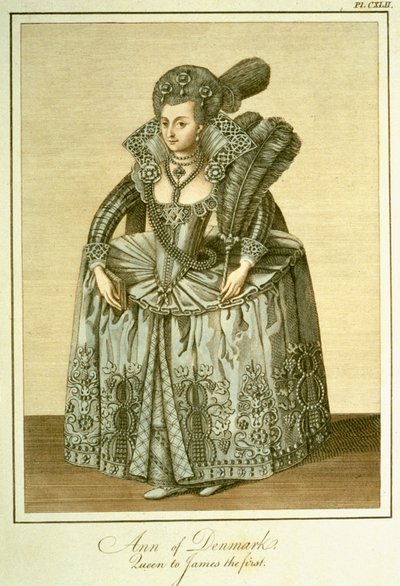 Anna van Denemarken (1574-1619) vrouw van Jacobus I, illustratie uit The Complete View of the Dress and Habits of the People of England Volume II, gepubliceerd 1799 door English School