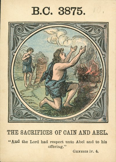 Anno Mundi: BC 3875, De offers van Kaïn en Abel (kleurenlitho) door English School