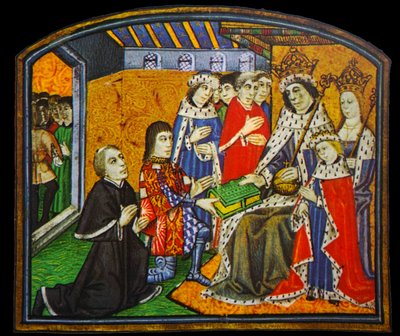 Anthony Woodville, Graaf Rivers, presenteert de Dictes en Sayings of the Philosophers aan zijn zwager, Edward IV door English School