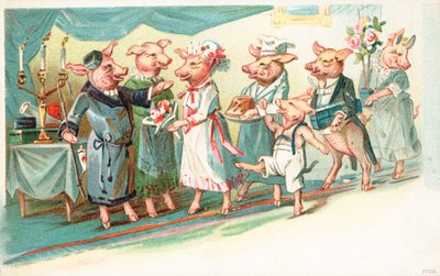 Antropomorfe varkens die worden begroet bij aankomst op een feest door English School