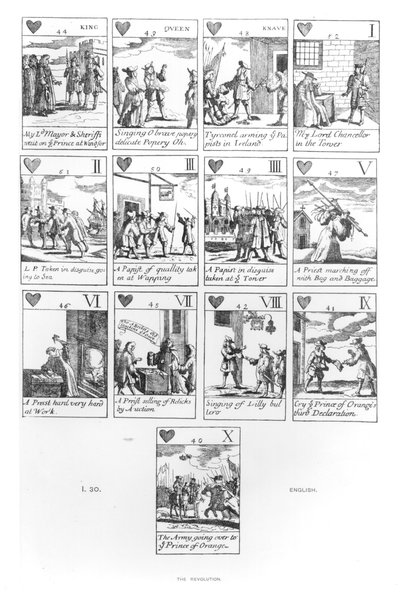 Anti-katholieke speelkaarten ter herdenking van de Glorieuze Revolutie van 1688, harten door English School