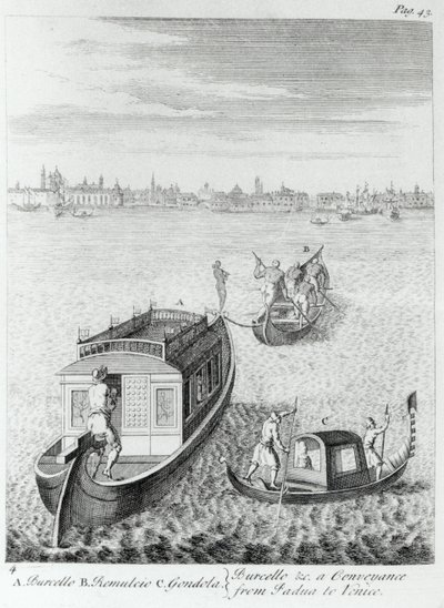 Venetië naderen over water vanuit Padua, uit Enkele Observaties Gemaakt tijdens Reizen door Frankrijk, Italië enz. in de jaren 1720-22 door Edward Wright, gepubliceerd 1730 door English School