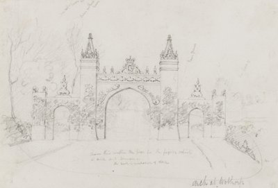 Boog in Wothorp, Cambridgeshire, opgericht om koningin Victoria en prins Albert te verwelkomen op weg naar Burghley House door English School